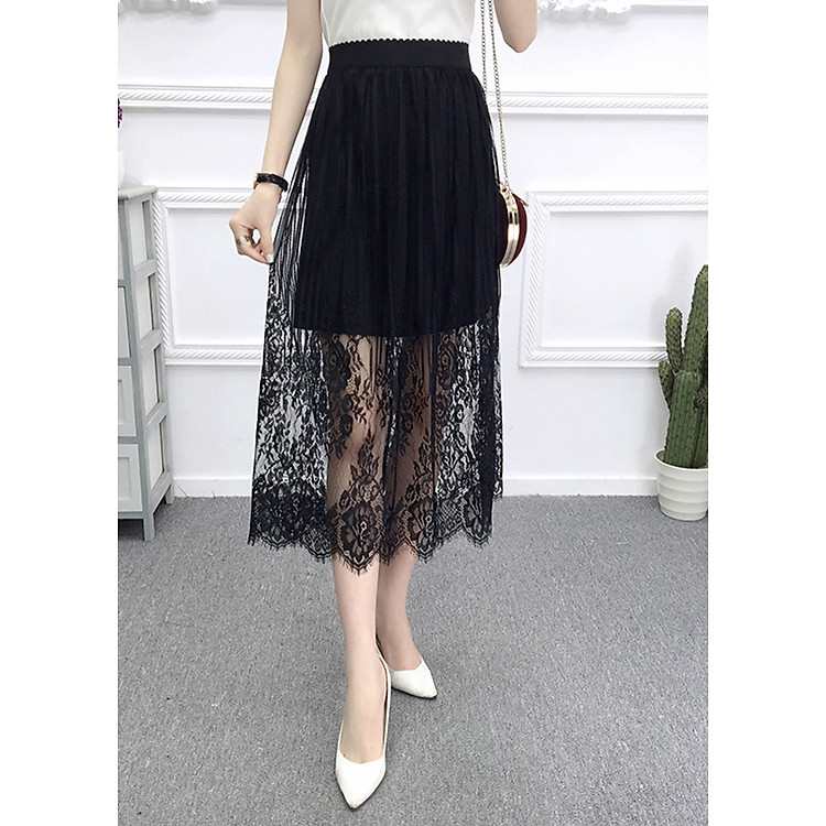 Chân váy nữ phối ren hoa cv20 (free size)