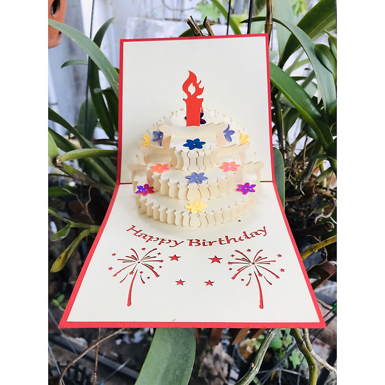 Thiệp 3D - Bánh kem sinh nhật 3 tầng viền ngôi sao 1 nến - NV30