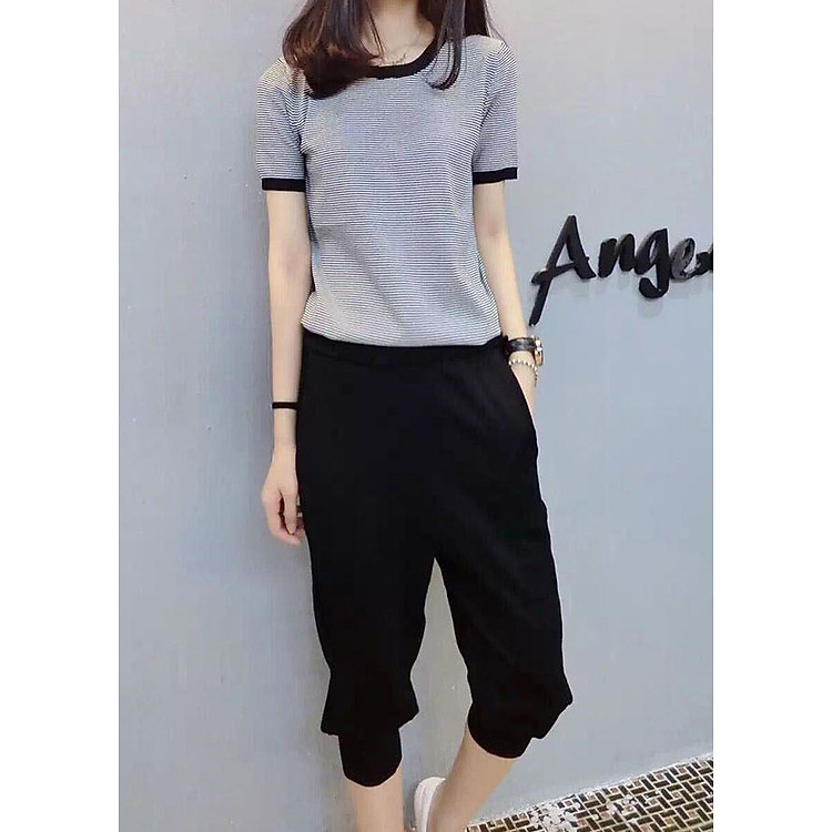 Jumpsuis, set đồ nữ áo kẻ quần đen P3001
