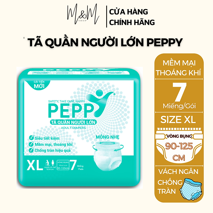 Tã bỉm quần người lớn, người già Peppy M8/L7/XL8 mỏng, nhẹ, thoáng