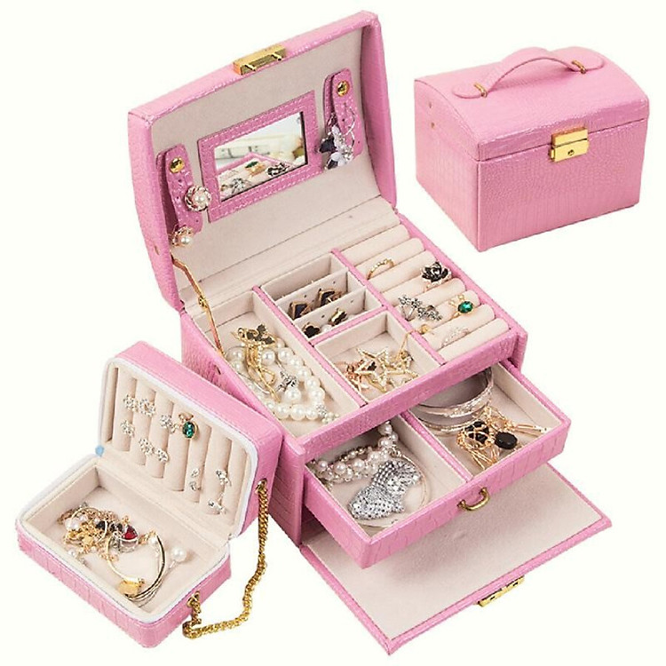 Jewelry Storage Box Organizer PU Leather Drawer Removable Zipper Box Cosmetic Hair Accessory Rings Earrings Necklaces Jewel Chest
