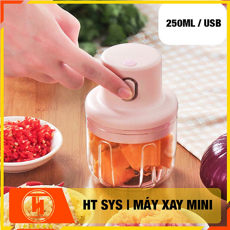 Máy xay mini HT SYS - Sạc Điện - Máy Xay Hành, Tỏi, Rau Củ ,Thịt Dung Tích 250ml - 3 Lưỡi dao - Hàng Nhập Khẩu