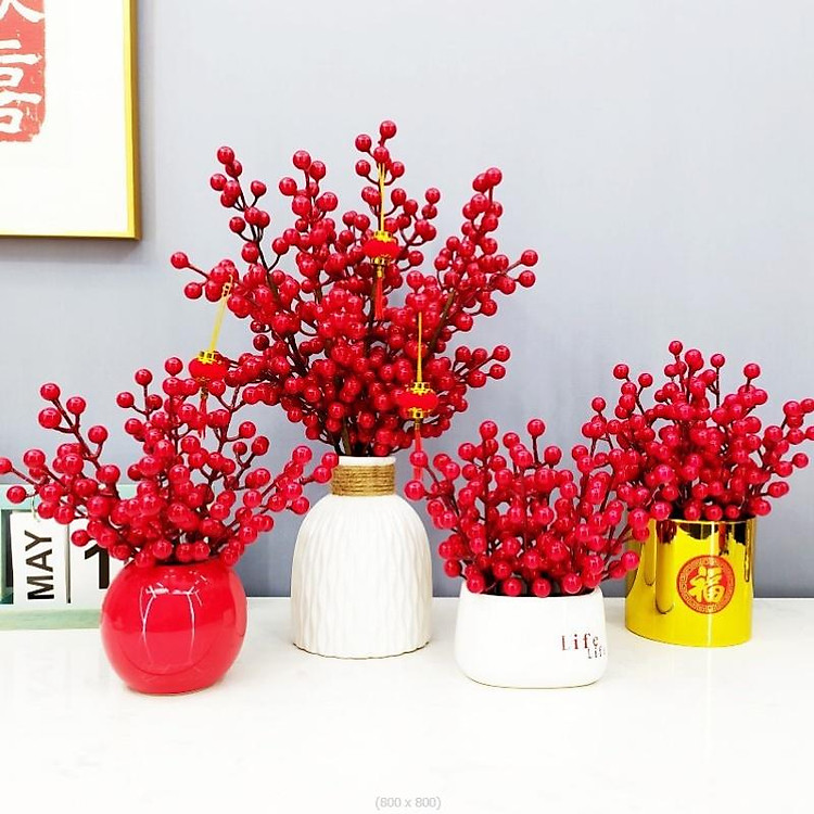 Hoa giả - Cành Đào Đông Mini 18cm 12 quả (loại 1) trang trí nhà cửa sang trọng, sung túc