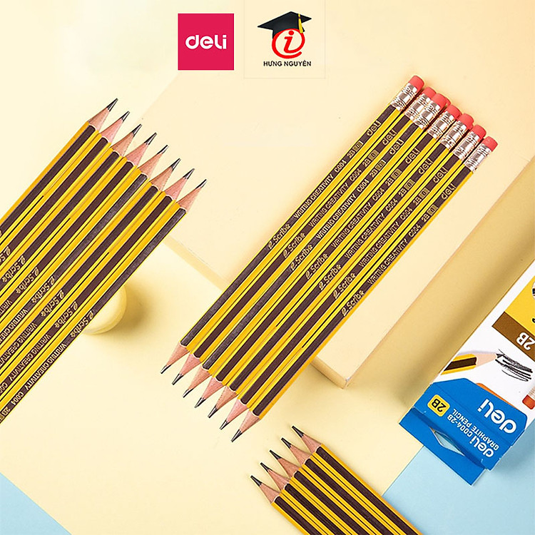 Hộp 12 Bút Chì Gỗ Deli 2B Thân Lục Giác Có Tẩy