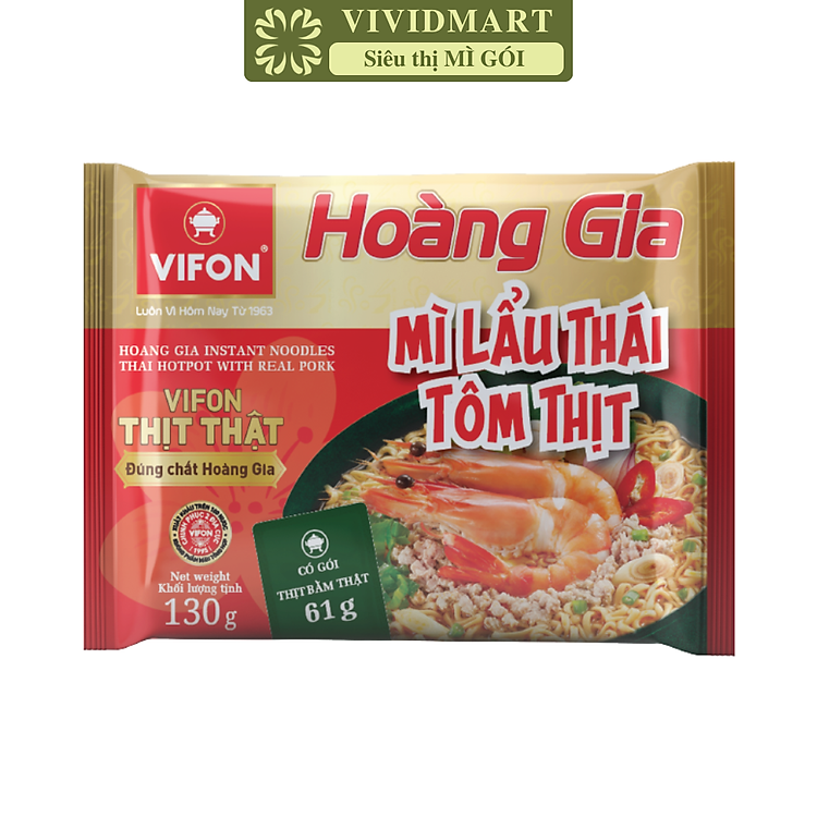 VIFON - Mì Hoàng Gia hương vị Lẩu Thái Tôm Thịt (có gói thịt bằm thật), Mì Lẩu Thái tôm Vifon (130g/gói)