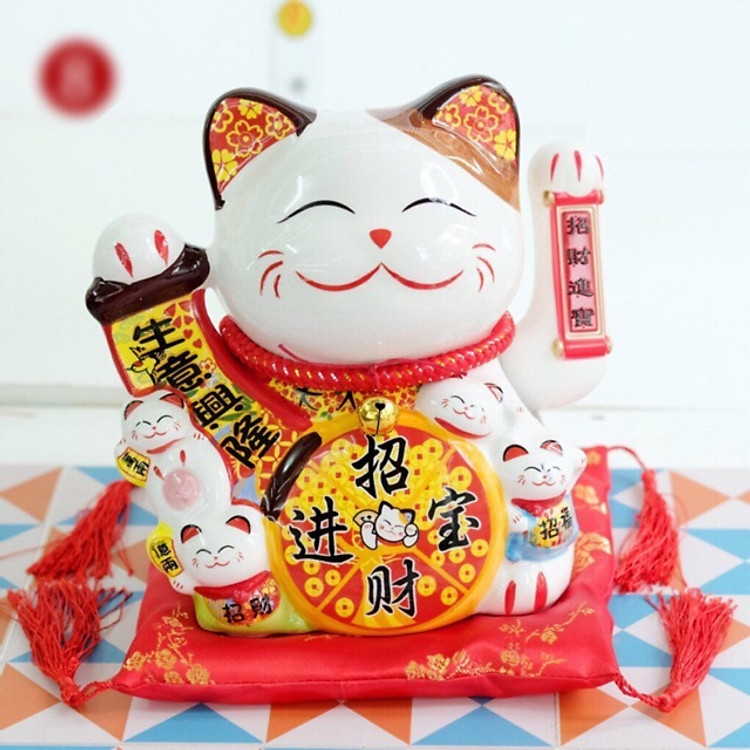 Tượng Mèo Thần Tài Ngũ phúc lâm môn vẫy tay chiêu tài lộc 20cm bằng gốm sứ - mẫu giao ngẫu nhiên
