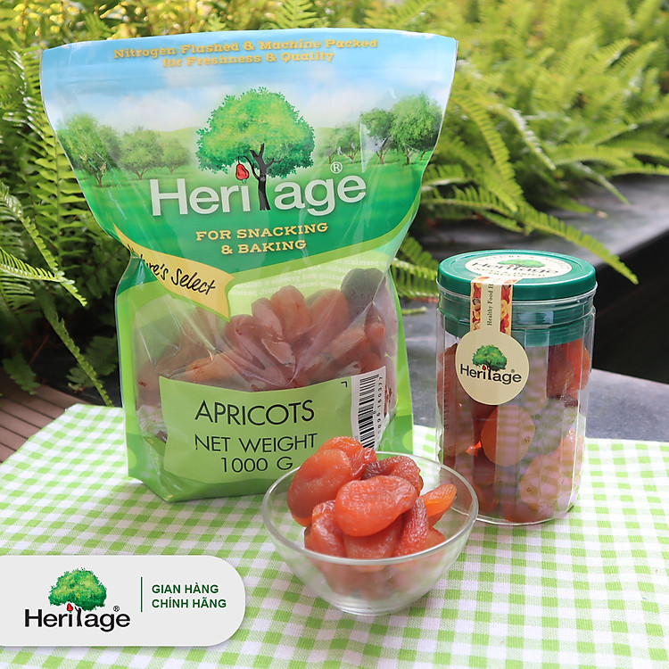Mơ Khô Nguyên Liệu Mỹ chính hãng Heritage , không sử dụng chất bảo quản,Giàu Vitamin C ,không tẩm ướp, phù hợp cho người bệnh cần kiêng đường gói 1kg - Dried Apricot