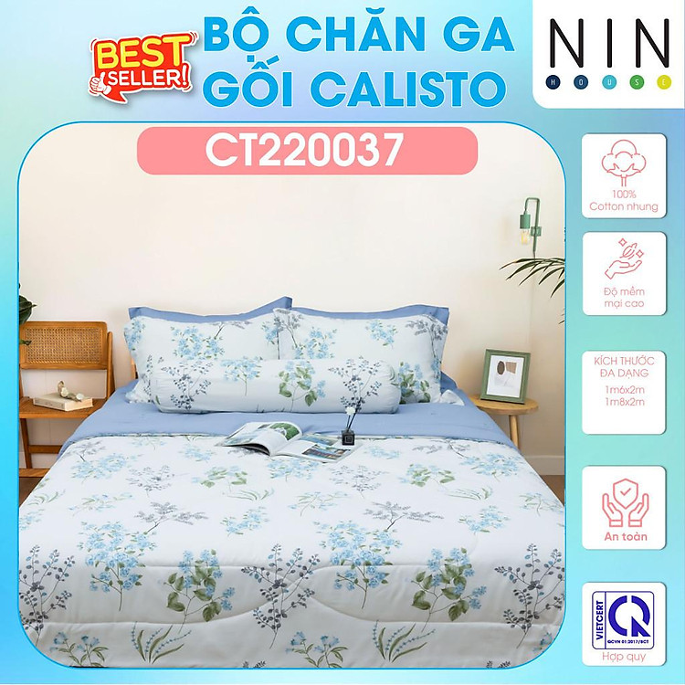 NEW ARRIVAL Bộ 5 món drap cotton, áo gối, mền chần NIN Calisto CT220037 1m6, 1m8 bọc nệm bo chun, cao cấp