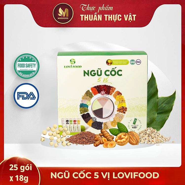 Ngũ Cốc 5 Vị LoviFood Hộp 480g (25 gói x 18g) - Thực Phẩm Bổ Sung Dinh Dưỡng Cho Mẹ Bầu, Sau Sinh, Người Già, Người Tiểu Đường, Ăn Chay, Ăn Kiêng, Eat Clean, Healthy, Tốt Cho Tim Mạch, Giúp Ngủ Ngon Hơn