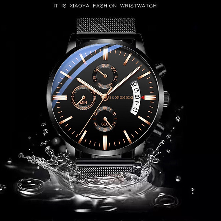 Đồng hồ nam ECONOMICXI phong cách nam tính có lịch ngày dây thép mành đen cao cấp