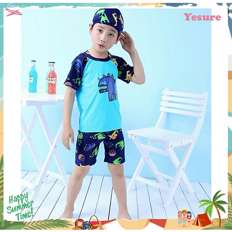 Bộ Đồ Bơi Khủng Long Xanh Dành Cho Bé Trai CaoTừ 85cm - 125cm chất vải Polyeste thân thiện với trẻ em, mau khô, thấm hút mồ hôi tốt, thiết kế thời trang bắt mắt - Tặng kèm nón bơi vải cùng màu