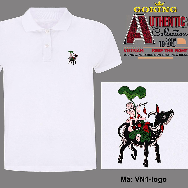 Chăn trâu thổi sáo, mã logo.VN1. Áo phông polo tranh Đông Hồ Việt Nam. Áo thun cổ trụ Goking cho nam nữ, form unisex.
