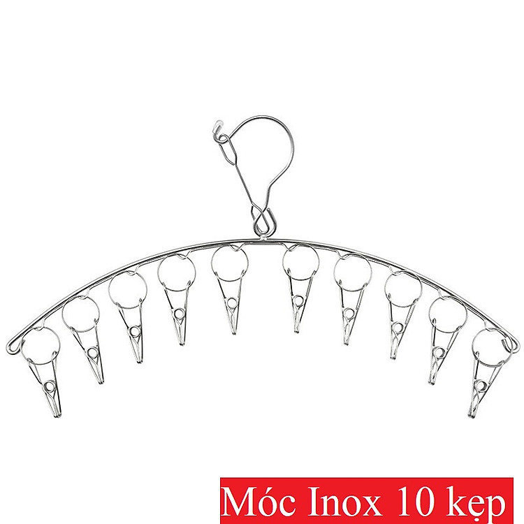 MÓC TREO PHƠI QUẦN ÁO INOX CHỐNG RƠI 10 KẸP CỐ ĐỊNH - Treo đồ nhà tắm, khăn tay, tất vớ, đồ lót