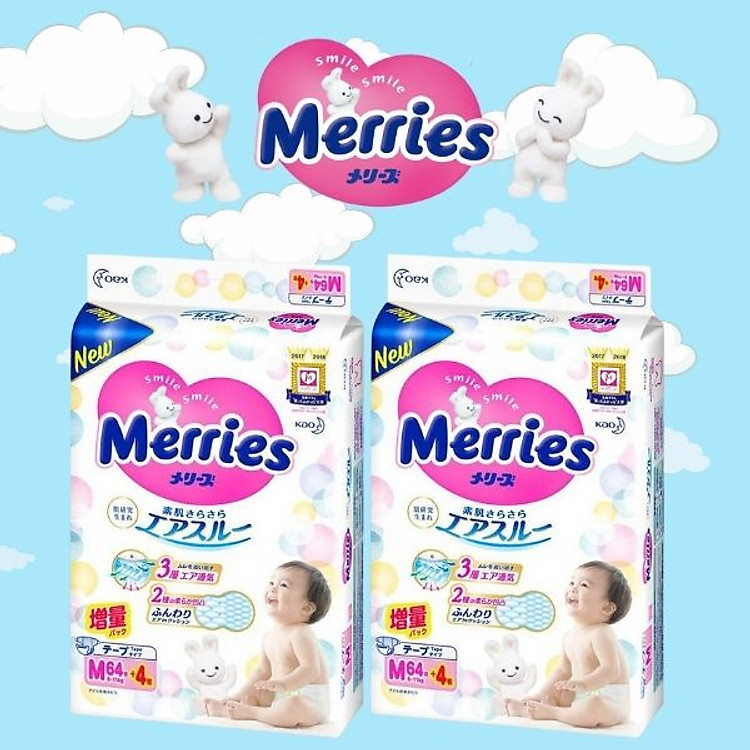 Combo 2 Tã Merries Size M – 64 Chính hãng Giá tốt
