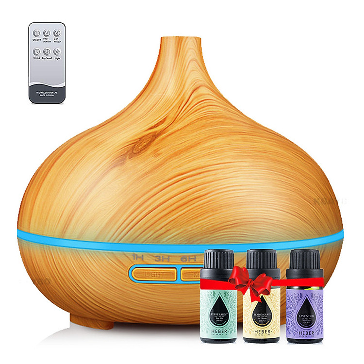 Máy Khuếch Tán Tinh Dầu 500ml Tặng 3 Chai Sả Chanh + Bạc Hà + Oải Hương 10ml Nhập Khẩu Ấn Độ | Xông Phòng 30m2 | Kèm Remote Điều Khiển | MKT05 Bầu Vân Xanh