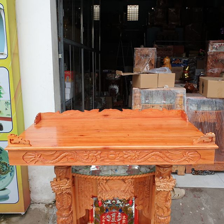 Bàn thờ treo tường gỗ xoan ngang 88 cm trạm rồng gồm 1 bộ ke đế gỗ xoan
