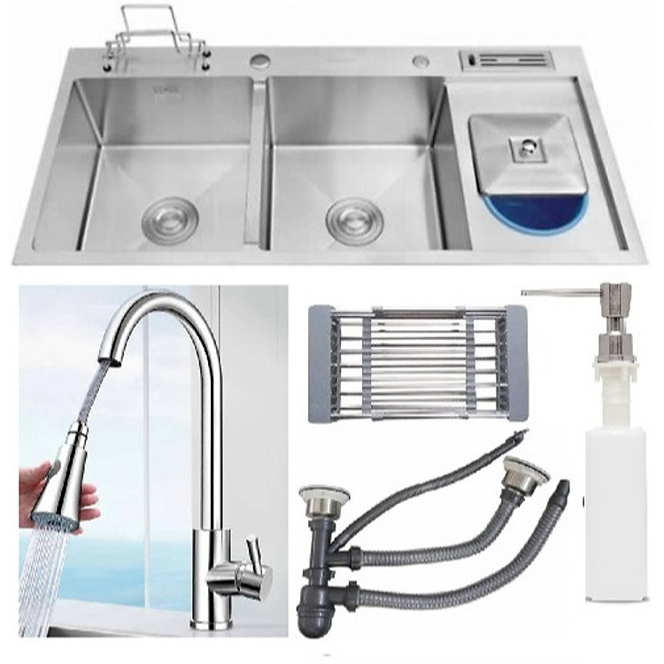 Combo chậu rửa chén bát inox sus304 10048 Valenza có hộc cài dao thớt + vòi rửa bát nóng lạnh đầu rút 01 inox sus304, rá inox đa năng, bình xà phòng