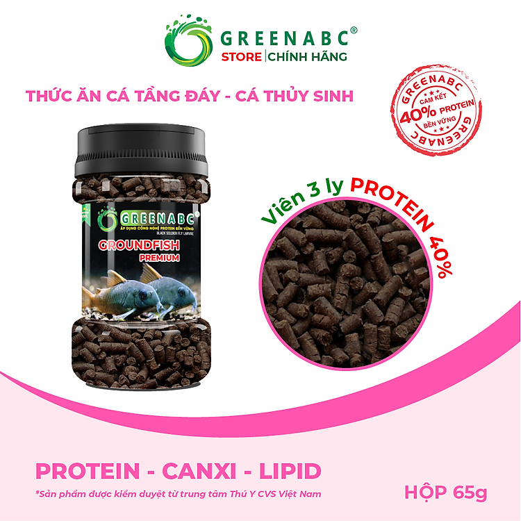 Cám cá tầng đáy GREENABC - Độ đạm 40, vảy sáng, dáng đẹp, linh hoạt, tiêu hóa tốt - Hộp 65g