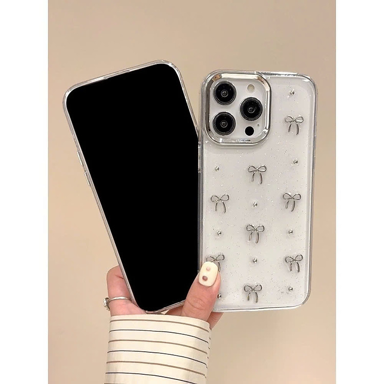 Ốp Lưng Trong Suốt Nhũ Kim Tuyến Họa Tiết Nơ Bạc Cho Iphone Xs/Xsmax/11/11promax . Hàng Nhập Khẩu