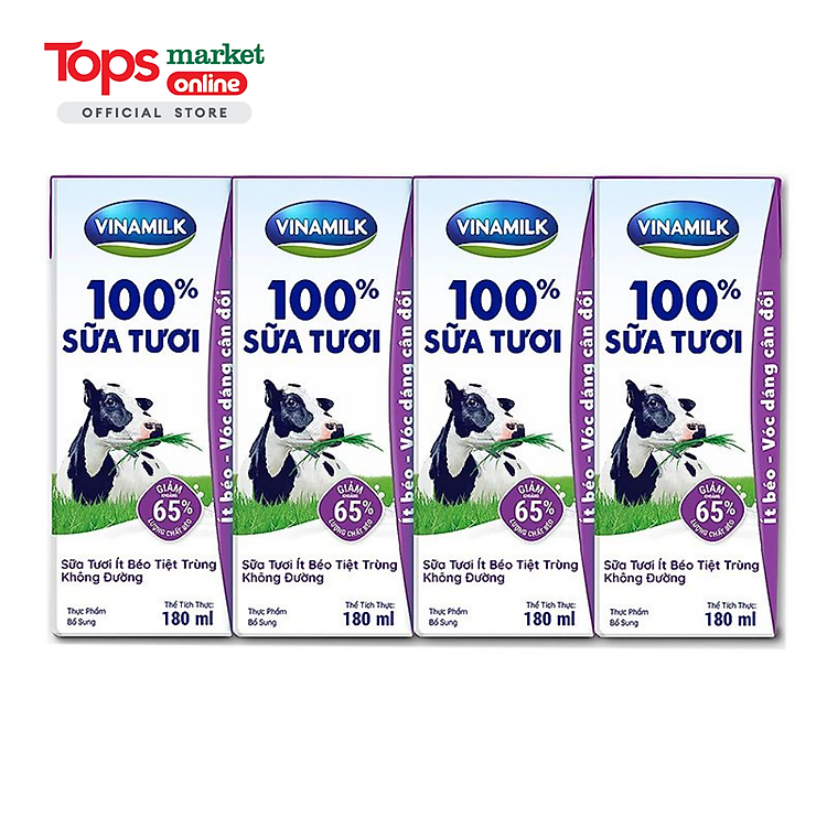 Lốc 4 Hộp Sữa Tươi Tiệt Trùng 100% Vinamilk Ít Béo Không Đường 180ML