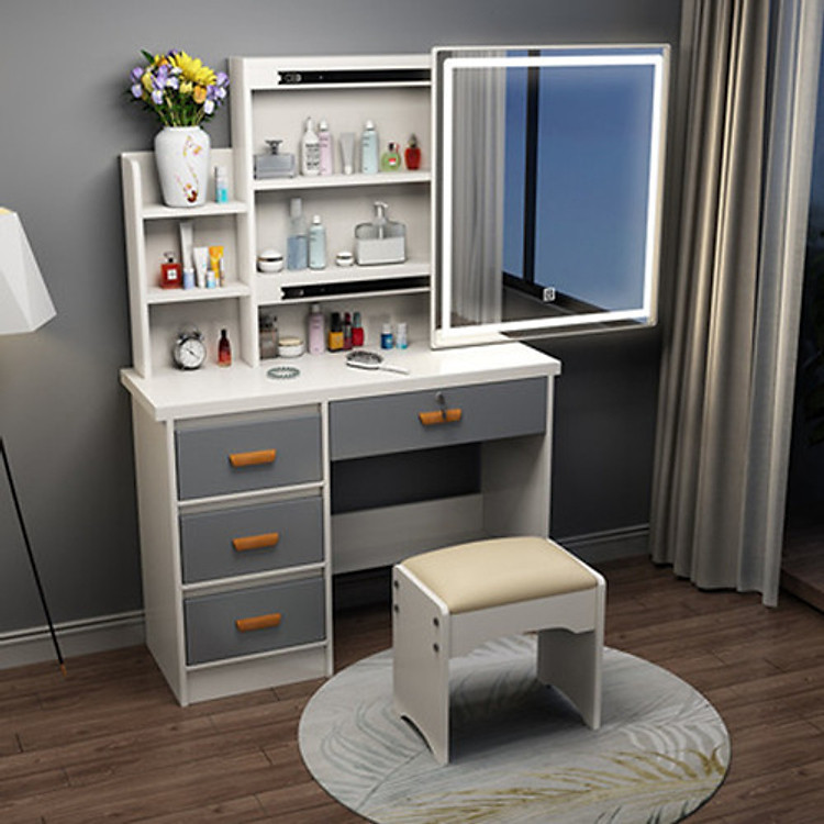 Bàn ghế trang điểm kèm gương, đèn led ( 80x130x40cm) Màu trắng