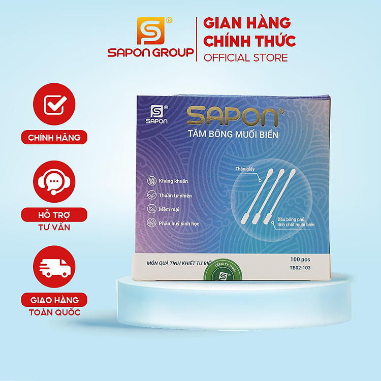 Tăm bông muối biển SAPON Thân Giấy – 100 Que/Hộp (TB02-103), Mềm Mịn, Kháng Khuẩn Tự Nhiên