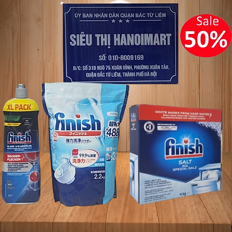Combo rửa bát Finish: Muối hộp 4kg, Bột Classic can 2,5kg, Nước Làm bóng 750ml - Chính Hãng.