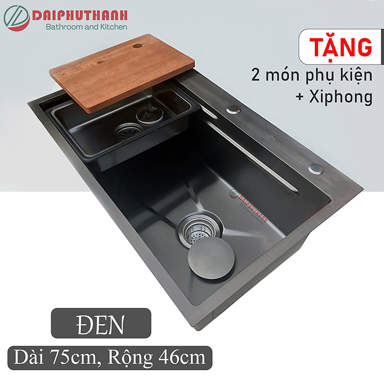 Chậu Rửa Chén Bát Inox 1 Hộc 75x46cm Nhiều Màu Inox Xước Xám Đen - Tặng 2 món phụ kiện thớt, khay, đầy đủ xi phông