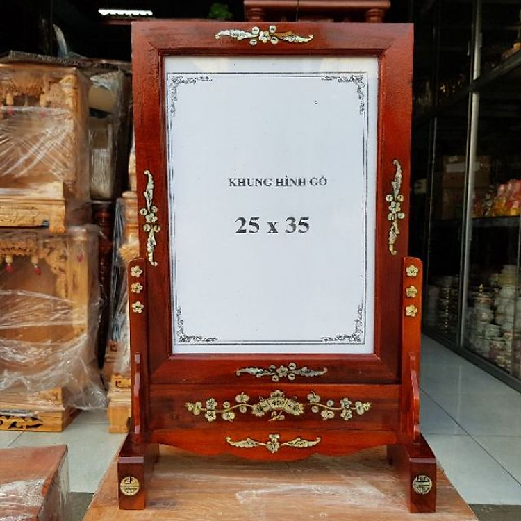 Khung hình thờ gỗ tràm bông vàng cẩn màu nâu đỏ