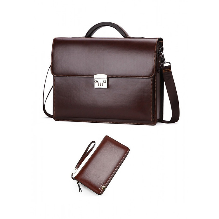 Combo Cặp Da Nam Công Sở Khóa Số Tặng Ví Cầm Tay KS03