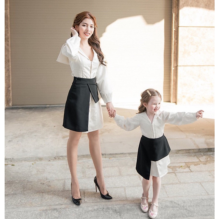 Set Đầm Sơ Mi Phối Tà + Chân Váy Mẹ và Bé