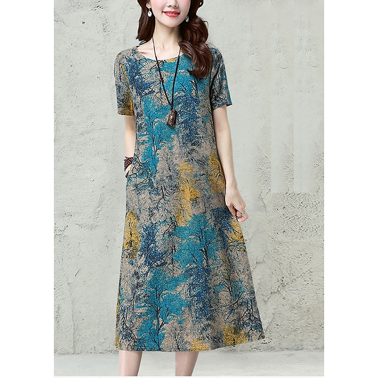 Đầm suông túi chéo, chất thô họa tiết sang trọng hiện đại