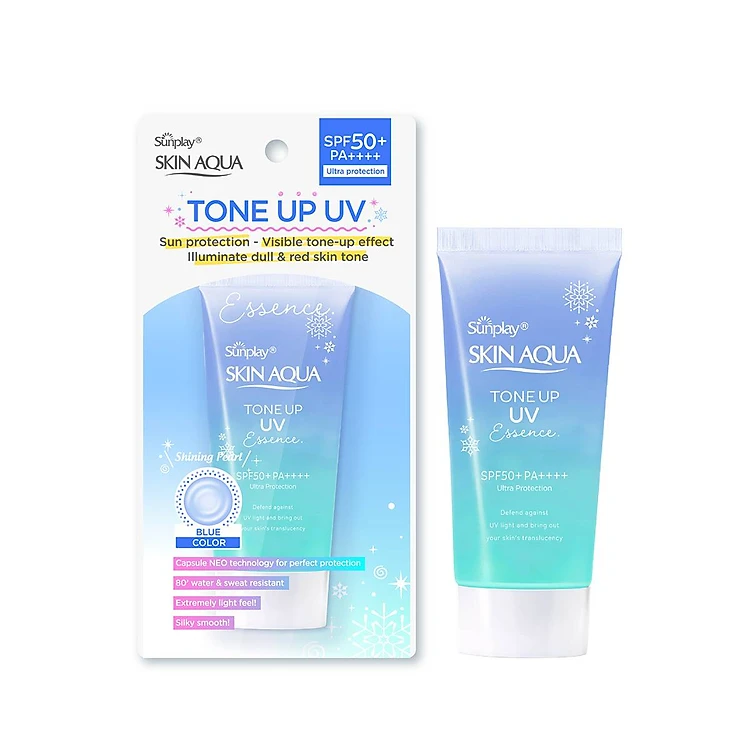 Kem chống nắng nâng tông Skin Aqua Tone up Blue cho da vàng có khuyết điểm đỏ, dạng tinh chất Sunplay Skin Aqua Tone Up UV Essence Blue SPF 50+ PA++++ 50g