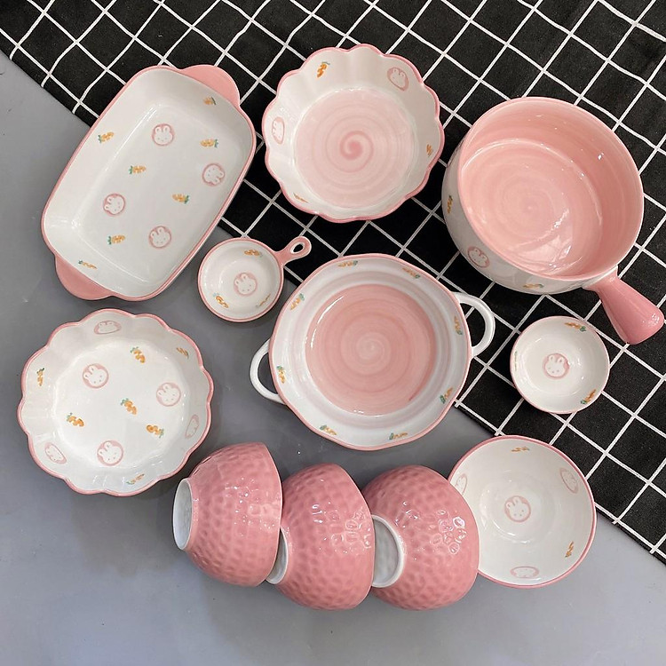 Chén Dĩa Dễ Thương Đĩa Sứ Set Bát Đĩa Decor Bát Ăn Cơm Chén Sứ Đẹp Thỏ Hồng Cute B45