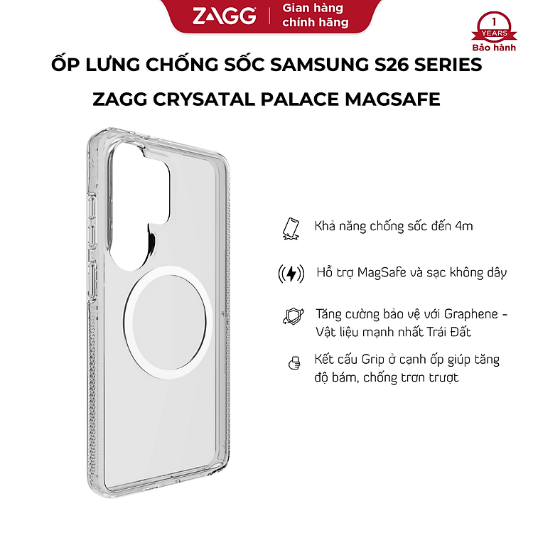 Ốp lưng bảo vệ ZAGG Crystal Palace/ Crystal Palace Snap sạc từ tính cho Samsung S26 Ultra chống ố vàng, va đập_ Hàng chính hãng