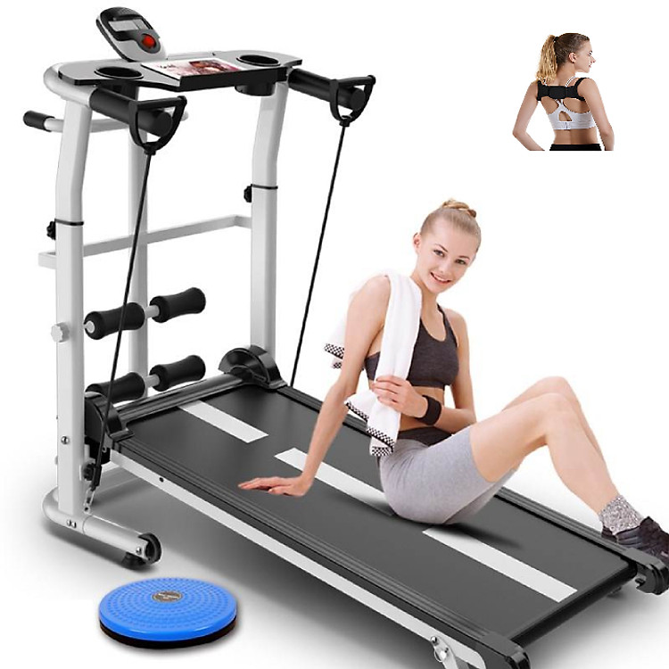 Máy tập chạy bộ đi bộ cơ không cần điện đa năng tặng kèm 04 phụ kiện - Đai chống gù lưng + giá đỡ tập cơ bụng + bàn xoay eo + dây kéo co giãn tập cơ tay