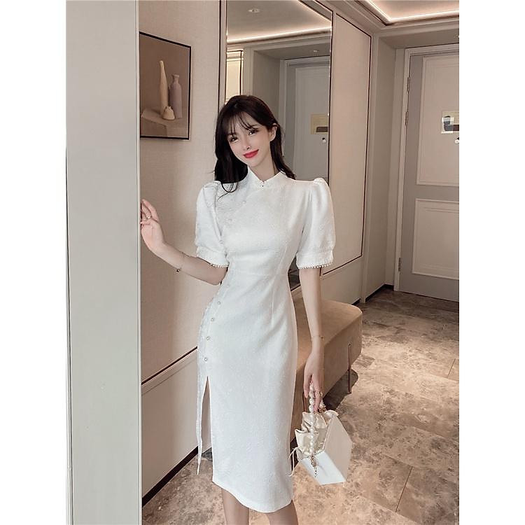 Sườn xám dáng dài xẻ cạnh, xườn xám cao cấp hàng Quảng Châu