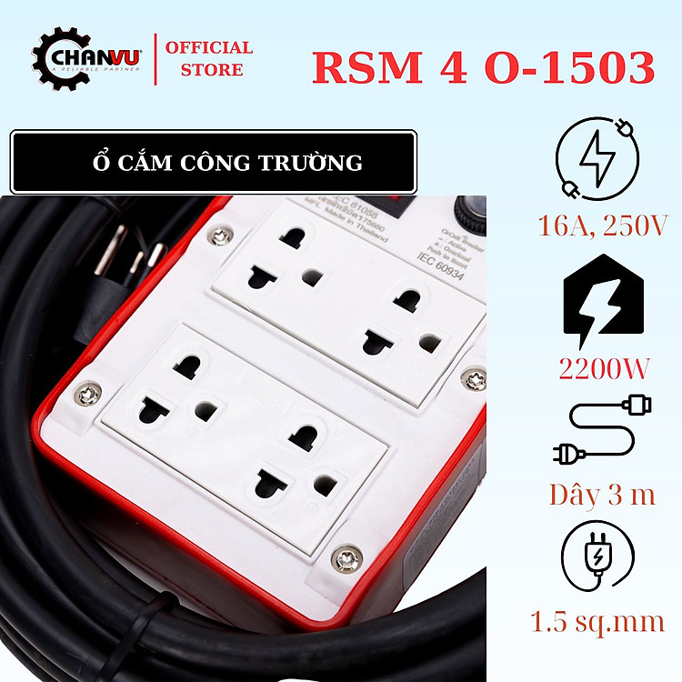Ổ cắm Công Nghiệp RSM, 4 ổ cắm, 1 công tắc, Công suất 2200W, tiêu chuẩn chất lượng TIS Thái Lan