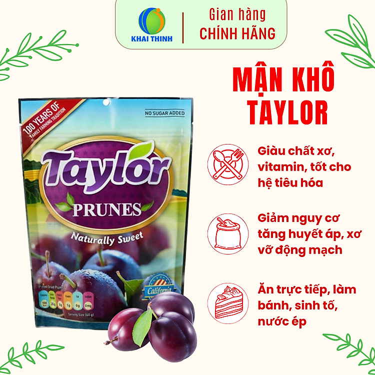 Mận khô Taylor Prunes Naturally Tự Nhiên Giảm Táo Bón Cho Bé Mẹ Bầu Không Hạt Không Thêm Đường 50g