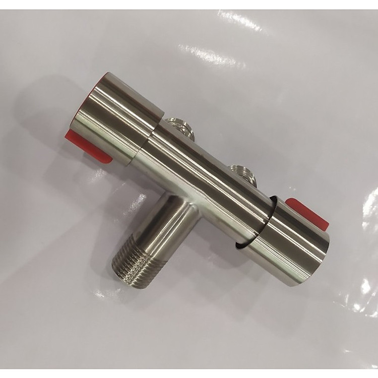Vòi nước đơn lạnh thép không gỉ 304 2 van tay đỏ, xanh, 1 đầu nguồn, 2 vòi nước sử dụng trong nhà vệ sinh.