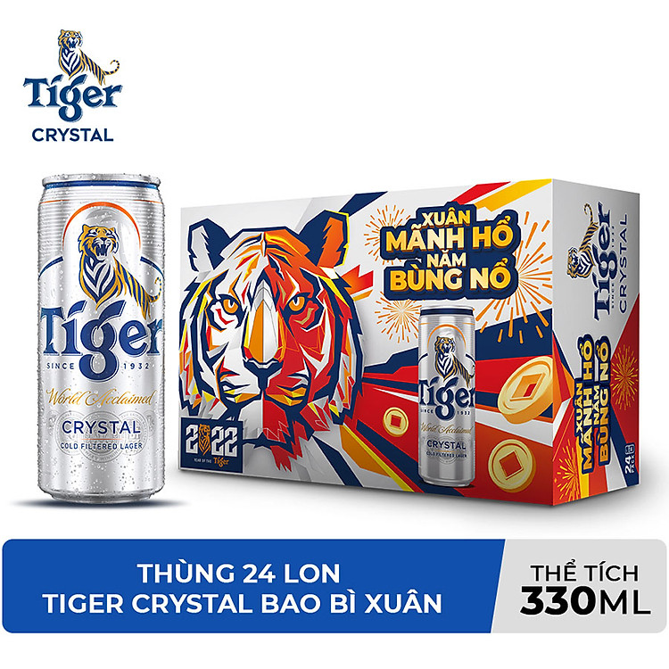 Thùng 24 lon bia Tiger Crystal 330ml - Bao bì Xuân