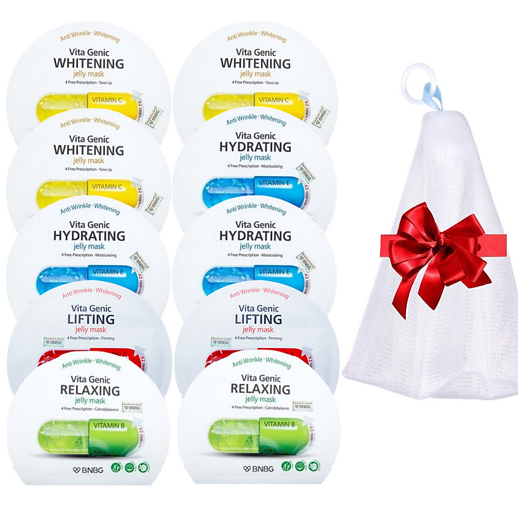 Combo 10 gói Mặt nạ giấy BNBG Vita Genic Jelly Mask 30ml x10 (Lifting, Whitening, Relaxing, Hydrating) Tặng 1 Lưới Tạo Bọt Rửa Mặt