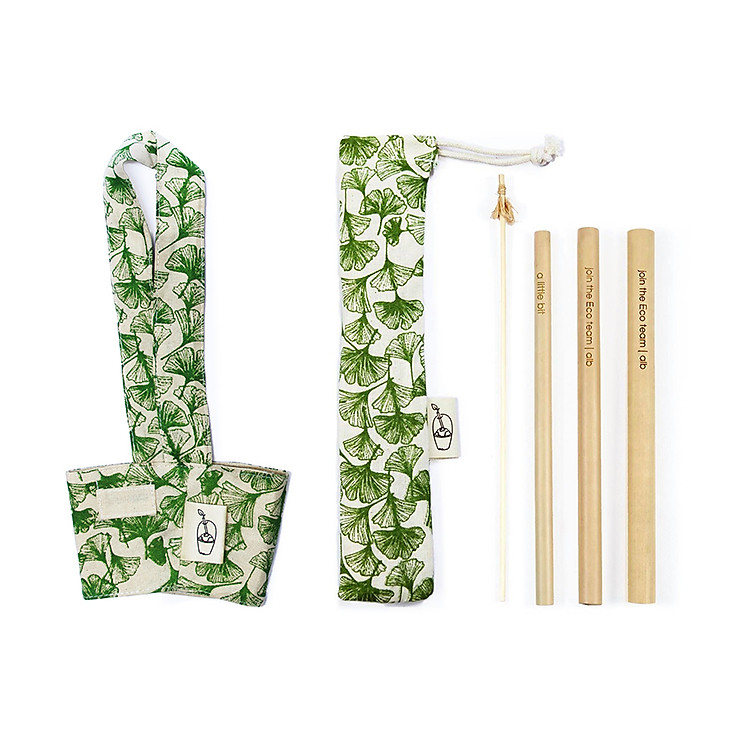 Bộ Combo 3 Ống hút tre, Túi đựng, Cọ Rửa + Quai Vải Đựng Ly Lá Rẻ Quạt