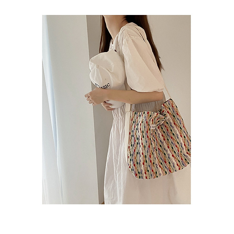 Túi Tote Túi Vải Canvas Phong Cách Hàn Quốc, Có Khóa Miệng Ngăn Phụ ULZZANG Vải Dệt Thổ Cẩm Siêu Đẹp