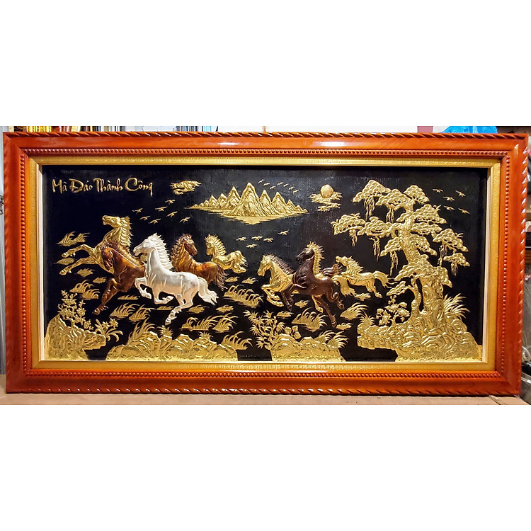 TRANH ĐỒNG VÀNG LIỀN TẤM KHUNG GỖ SƠN PU - MÃ ĐÁO THÀNH CÔNG