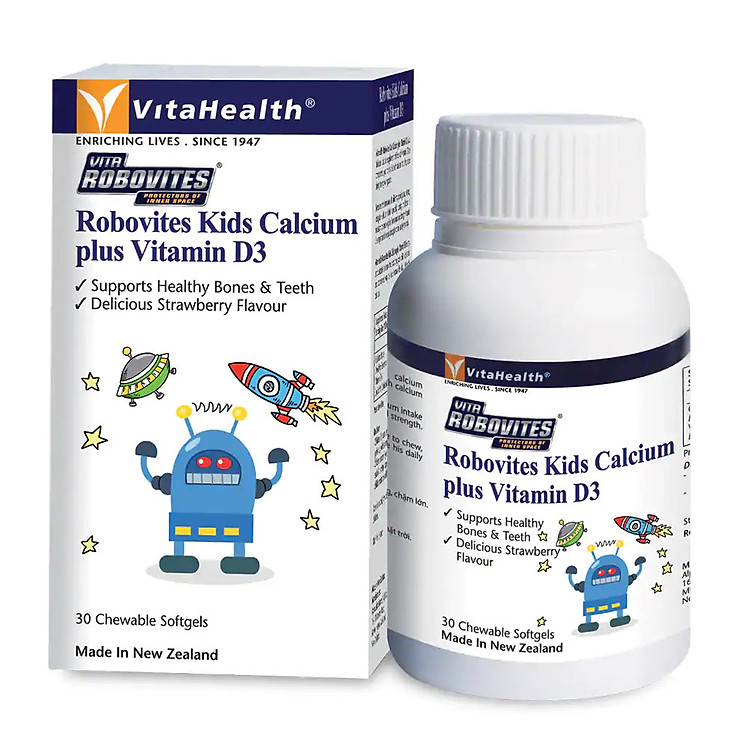 Viên nhai bổ sung canxi citrate cho bé Robovites Kids Calcium Plus Vitamin D3, hỗ trợ phát triển chiều cao, hỗ trợ phát triển chiều cao, giảm nguy cơ còi xương, chậm lớn