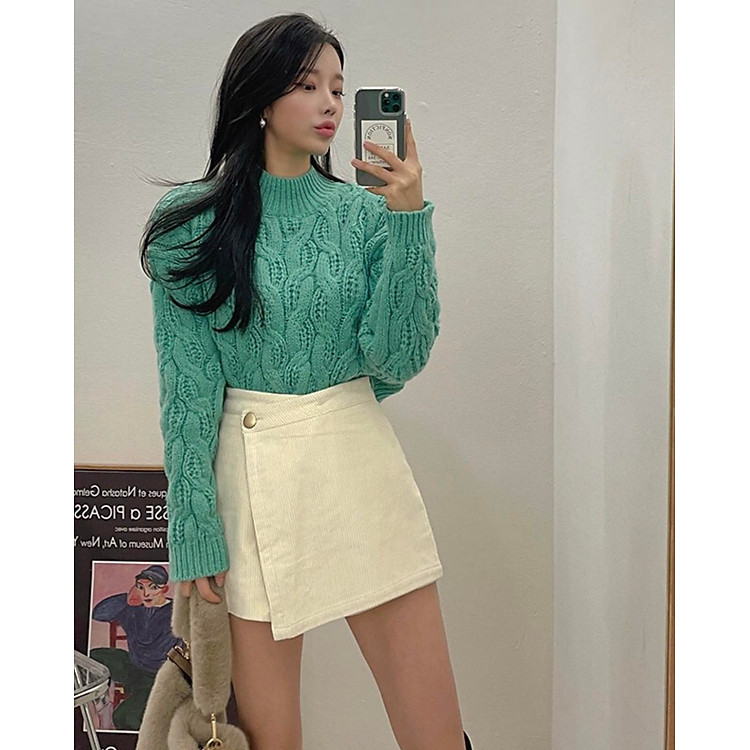 Áo sweater dệt kim màu xanh dáng ngắn thời trang ulzzang