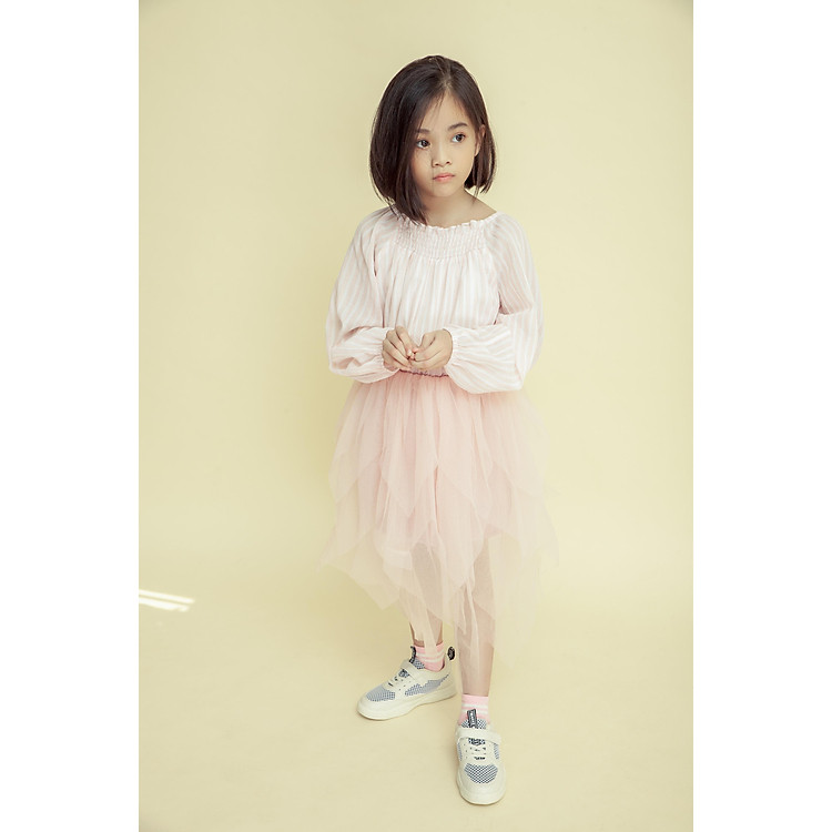 Sơ mi kẻ cổ rút nhún bé gái (4-13 tuổi)