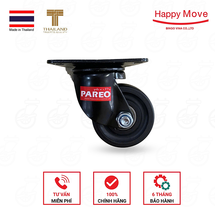 Bánh xe Nylon đen càng xoay, xoay có khóa 75mm - PAREO