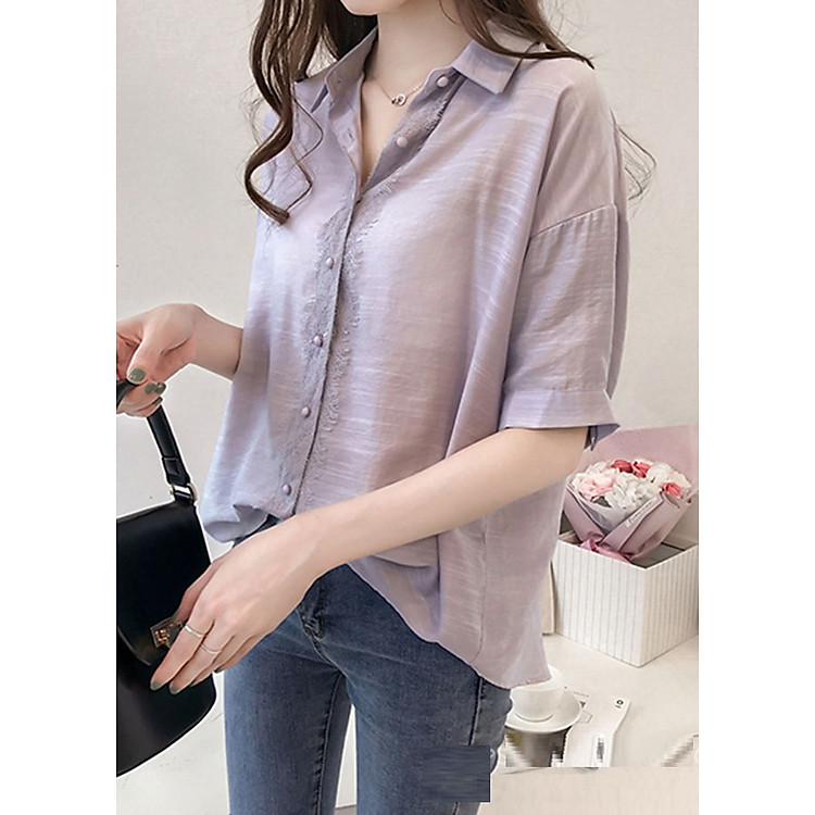 Áo sơ mi nữ form rộng trễ vai cúc bọc
